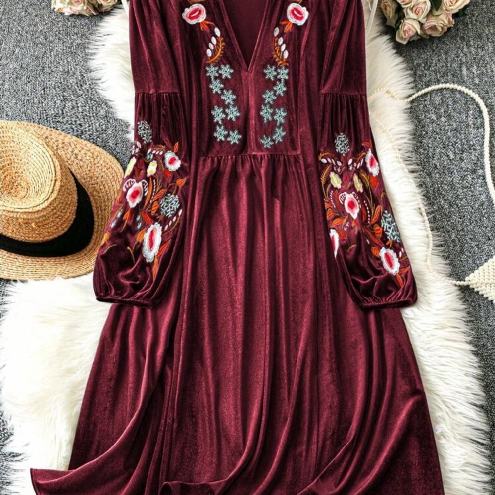 Red Long Sleeve V-Neck Velvet with Bell Sleeves
